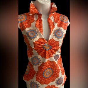 Parisou Orange and Blue Floral Top-S orange blue , nylon spandex